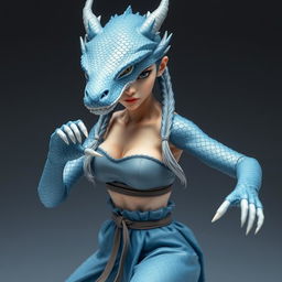 A captivating female half-dragon character with silvery blue scales and a distinctly feminine face