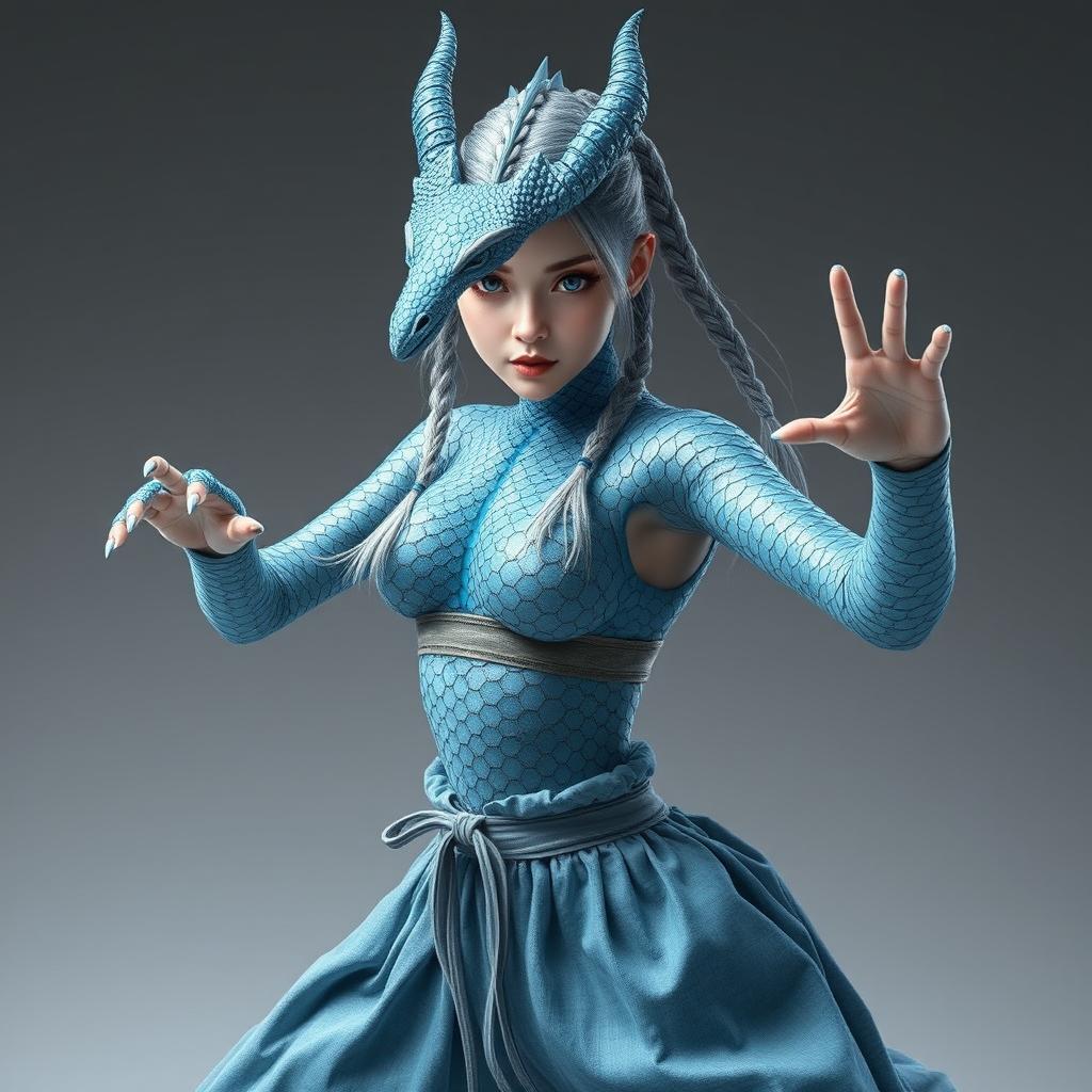 A hyper-realistic depiction of a female half-dragon character showcasing silvery blue scales with a distinctly feminine touch