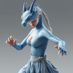 A hyper-realistic depiction of a female half-dragon character showcasing silvery blue scales with a distinctly feminine touch