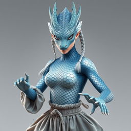 A hyper-realistic depiction of a female half-dragon character showcasing silvery blue scales with a distinctly feminine touch