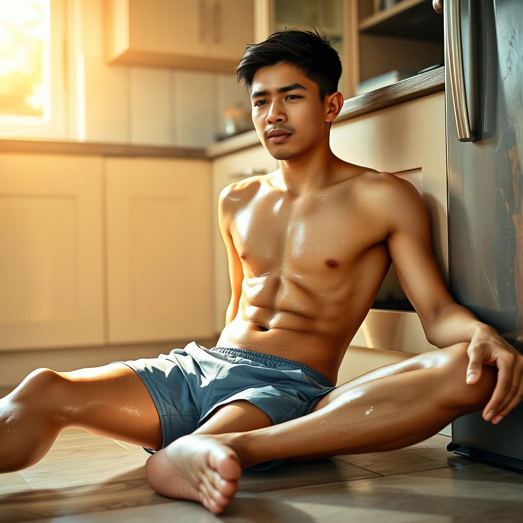 19-year-old Indonesian boy with an athletic body and handsome features, possessing white, clean skin