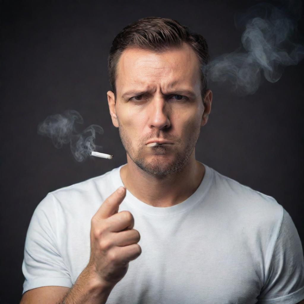 A determined man saying no to smoke, symbolizing his strong will against bad habits