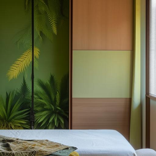 A modern bedroom with a green designer wall, a double bed with a hanging canopy, a wall-attached study table, a window filled with lush greenery, warm yellow lighting, and a wooden sliding wardrobe