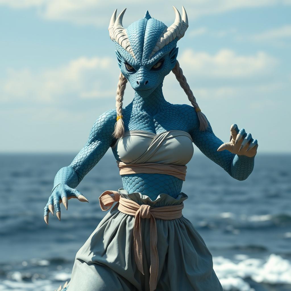 A hyper-realistic female humanoid dragon with silvery blue scales and a feminine face, embodying both human and dragon features