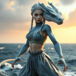 A hyper-realistic female humanoid dragon with silvery blue scales and a feminine face, embodying both human and dragon features