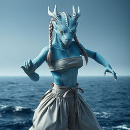 A hyper-realistic female humanoid dragon with silvery blue scales and a feminine face, embodying both human and dragon features