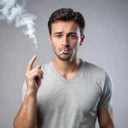 A determined man saying no to smoke, symbolizing his strong will against bad habits