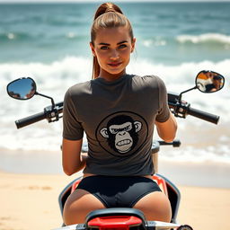 An ultra high quality, hyper-realistic photo of a captivating fit young woman with expressive eyes and delicate skin, sitting on an enduro motorcycle on a sandy beach