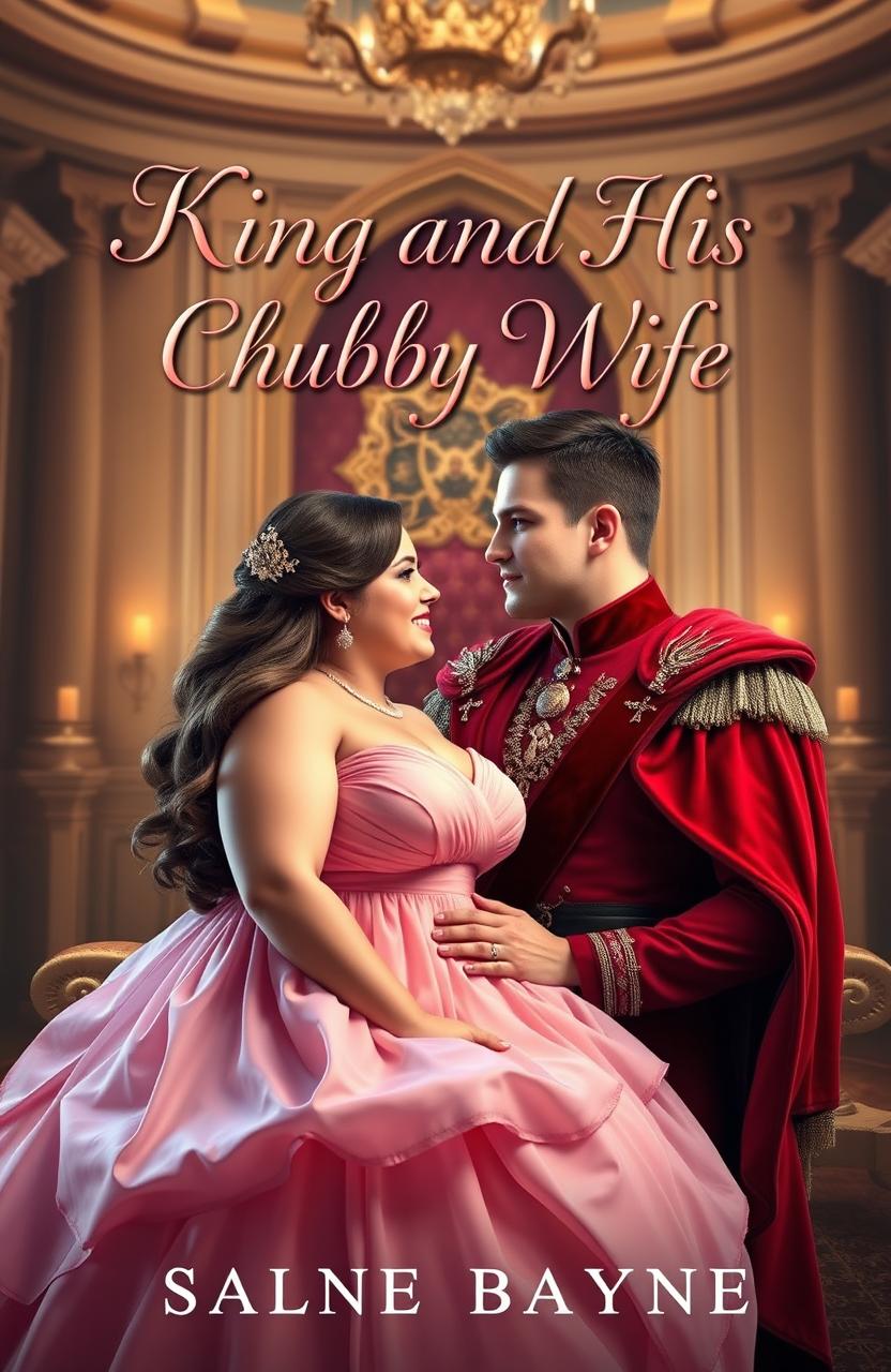 A romantic novel book cover featuring a chubby and cute heroine with an adorable smile, wearing a flowing dress that complements her curves