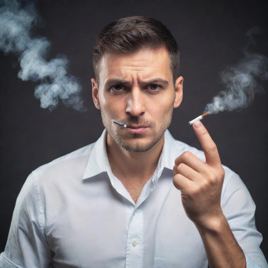 A determined man saying no to smoke, symbolizing his strong will against bad habits