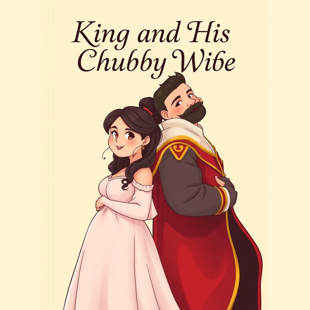 A romantic novel book cover featuring the chubby and cute heroine and the hot and sexy king standing back to back