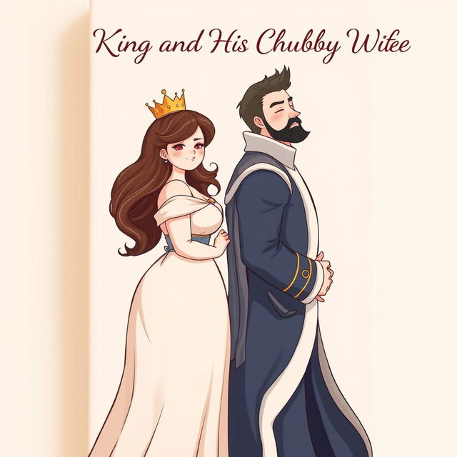 A romantic novel book cover featuring the chubby and cute heroine and the hot and sexy king standing back to back