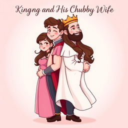 A romantic novel book cover featuring the chubby and cute heroine and the hot and sexy king standing back to back