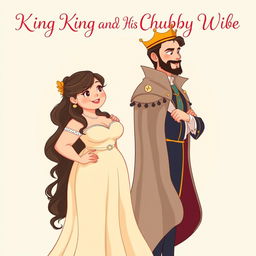 A romantic novel book cover featuring the chubby and cute heroine and the hot and sexy king standing back to back