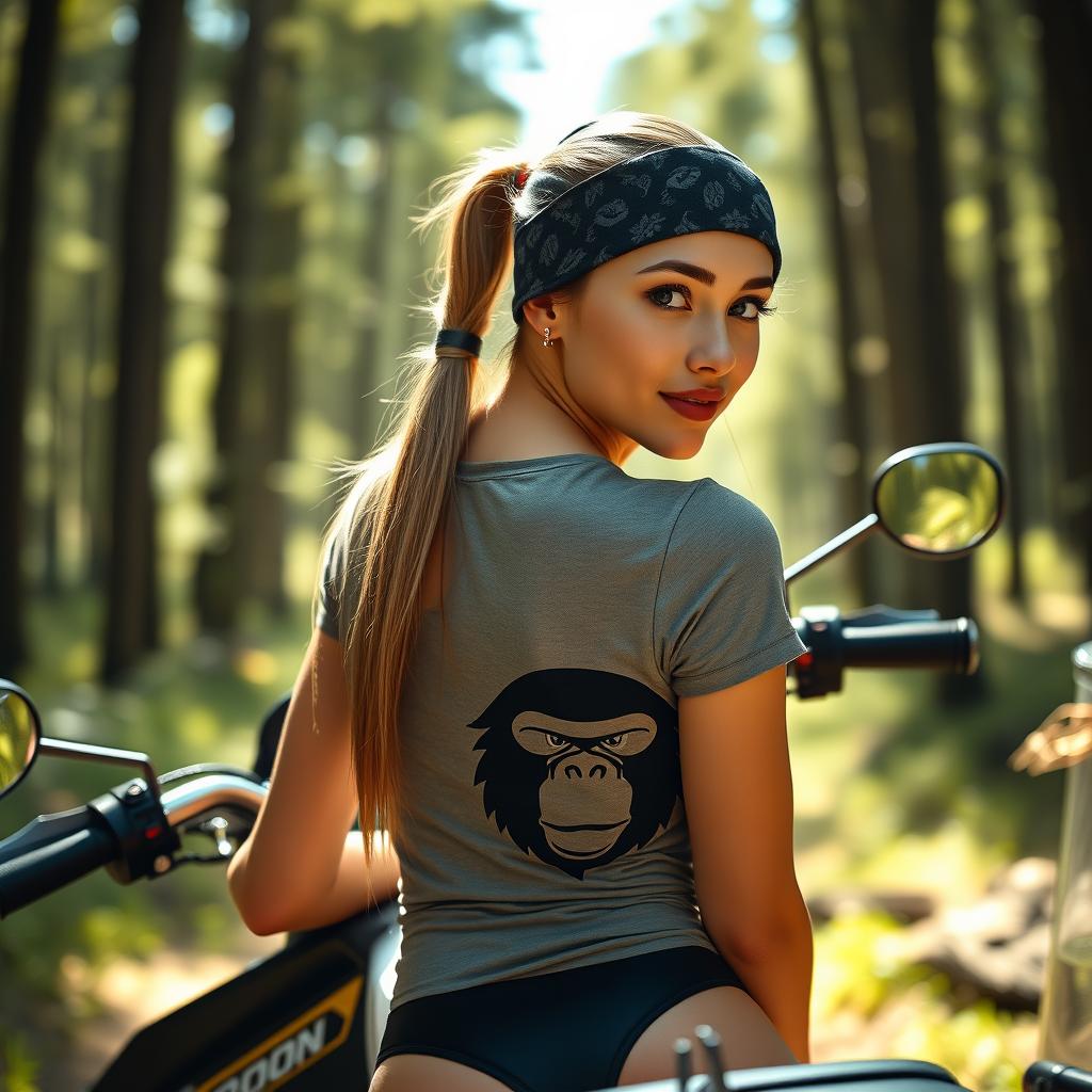 An ultra high quality, hyper-realistic photo of a captivating fit young woman with expressive eyes and delicate skin, sitting on an enduro motorcycle in a forest