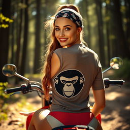 An ultra high quality, hyper-realistic photo of a captivating fit young woman with expressive eyes and delicate skin, sitting on an enduro motorcycle in a forest