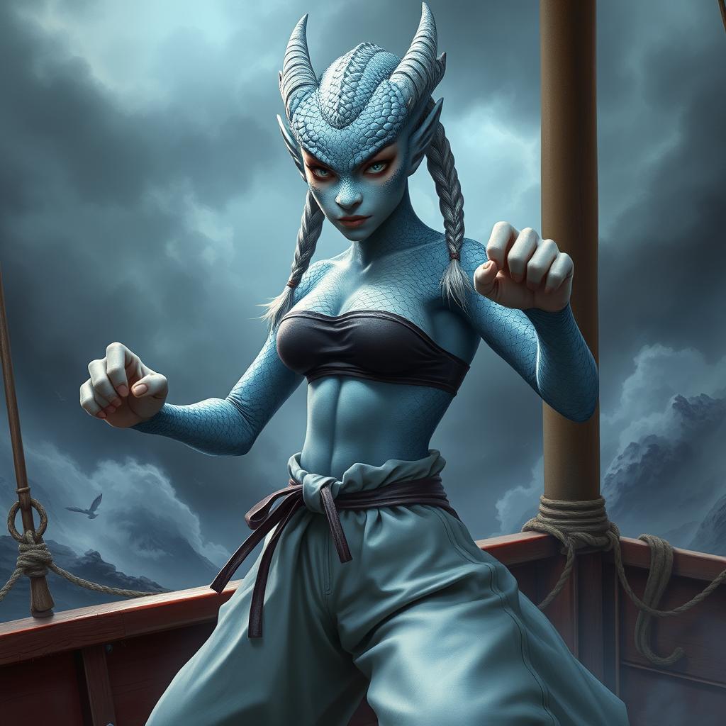 A realistic portrayal of a female humanoid dragon with silvery blue scales and a distinctly feminine face