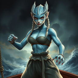 A realistic portrayal of a female humanoid dragon with silvery blue scales and a distinctly feminine face