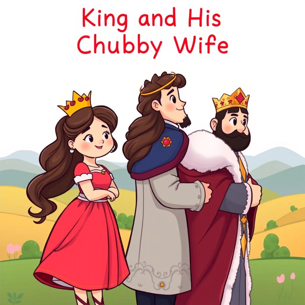 A romantic novel book cover showing the chubby and cute heroine and the hot and sexy king standing back to back, both looking forward