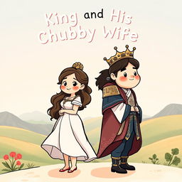 A romantic novel book cover showing the chubby and cute heroine and the hot and sexy king standing back to back, both looking forward