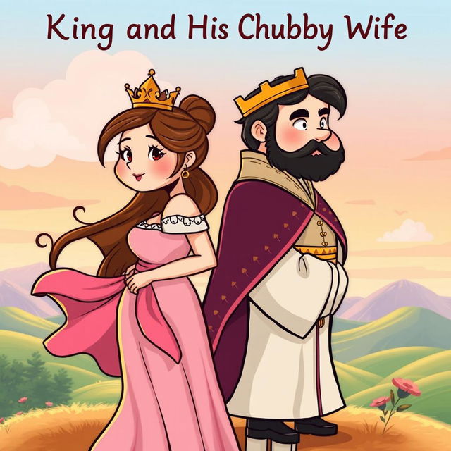 A romantic novel book cover showing the chubby and cute heroine and the hot and sexy king standing back to back, both looking forward