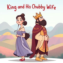 A romantic novel book cover showing the chubby and cute heroine and the hot and sexy king standing back to back, both looking forward