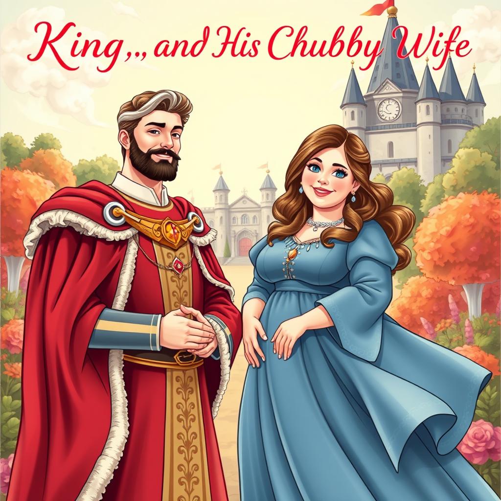 A romantic novel book cover depicting a handsome king with striking features and regal attire, standing beside his cute and chubby wife who is smiling brightly, wearing an enchanting, flowing dress