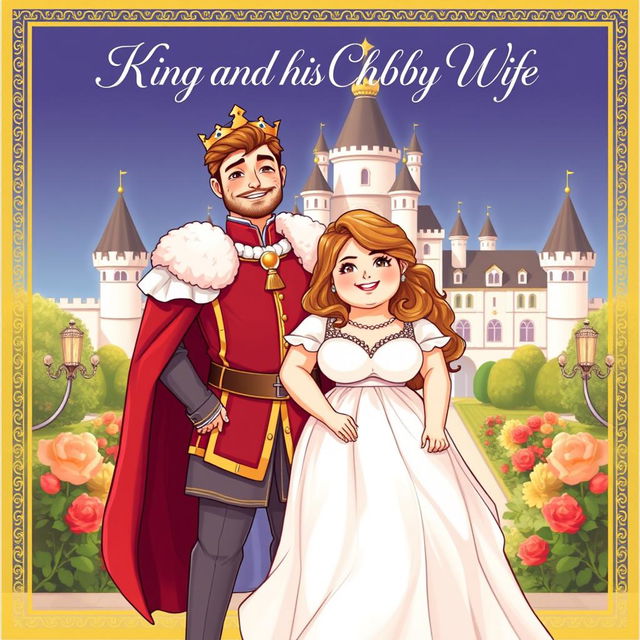 A romantic novel book cover depicting a handsome king with striking features and regal attire, standing beside his cute and chubby wife who is smiling brightly, wearing an enchanting, flowing dress