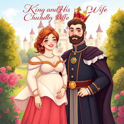 A romantic novel book cover depicting a handsome king with striking features and regal attire, standing beside his cute and chubby wife who is smiling brightly, wearing an enchanting, flowing dress