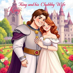 A romantic novel book cover depicting a handsome king with striking features and regal attire, standing beside his cute and chubby wife who is smiling brightly, wearing an enchanting, flowing dress