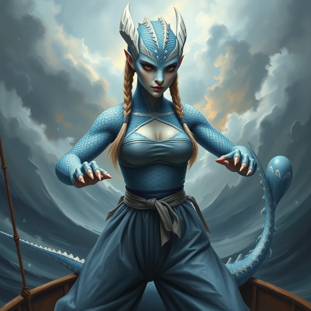 A realistic painted depiction of a female humanoid dragon with silvery blue scales and a feminine face, embodying a mystical charm