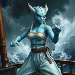 A realistic painted depiction of a female humanoid dragon with silvery blue scales and a feminine face, embodying a mystical charm