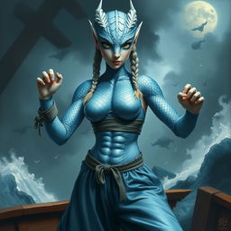 A realistic painted depiction of a female humanoid dragon with silvery blue scales and a feminine face, embodying a mystical charm