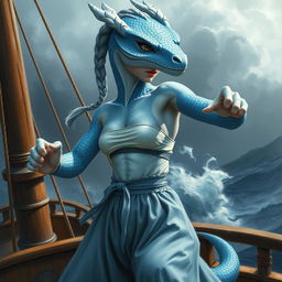 A realistic painted depiction of a female humanoid dragon with silvery blue scales and a feminine face, embodying a mystical charm