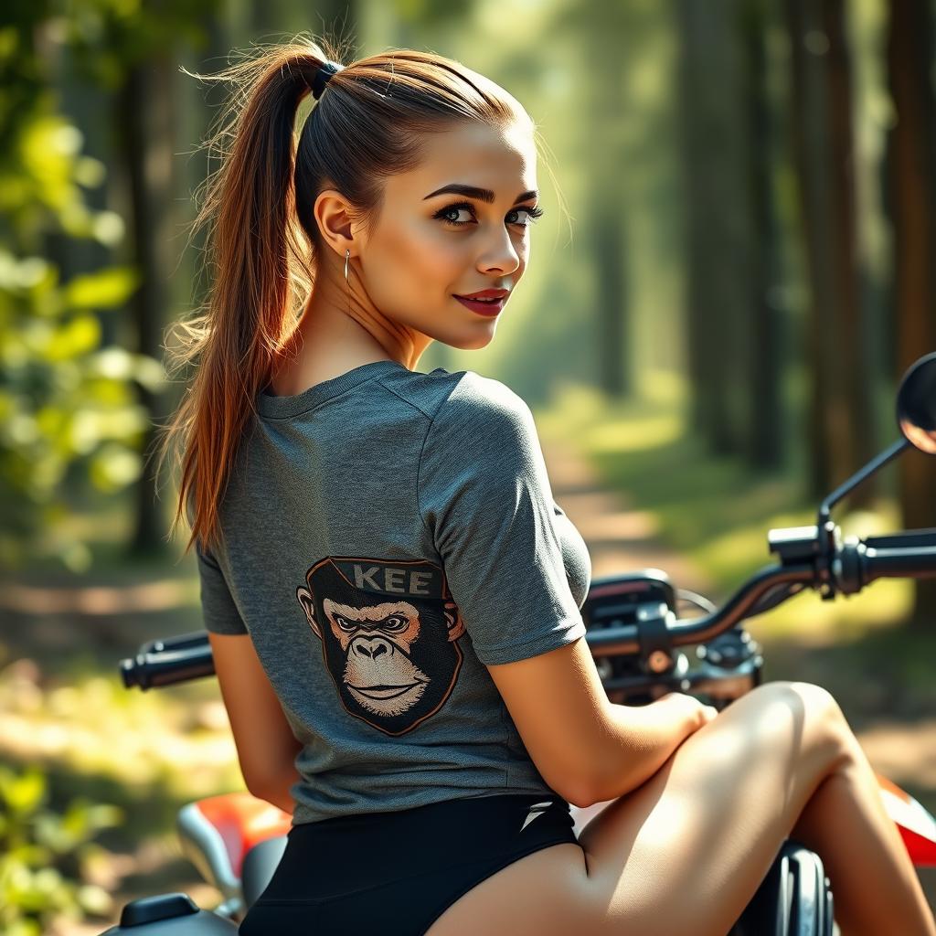 An ultra high quality, hyper-realistic photo of a captivating fit young woman with expressive eyes and delicate skin, sitting on an enduro motorcycle in a forest