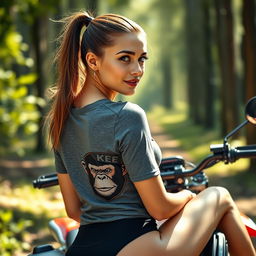 An ultra high quality, hyper-realistic photo of a captivating fit young woman with expressive eyes and delicate skin, sitting on an enduro motorcycle in a forest