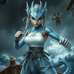 A realistic painted depiction of a female humanoid dragon with silvery blue scales, exuding an aura of mystique and power