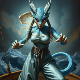 A realistic painted depiction of a female humanoid dragon with silvery blue scales, exuding an aura of mystique and power