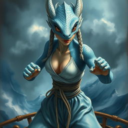 A realistic painted depiction of a female humanoid dragon with silvery blue scales, exuding an aura of mystique and power