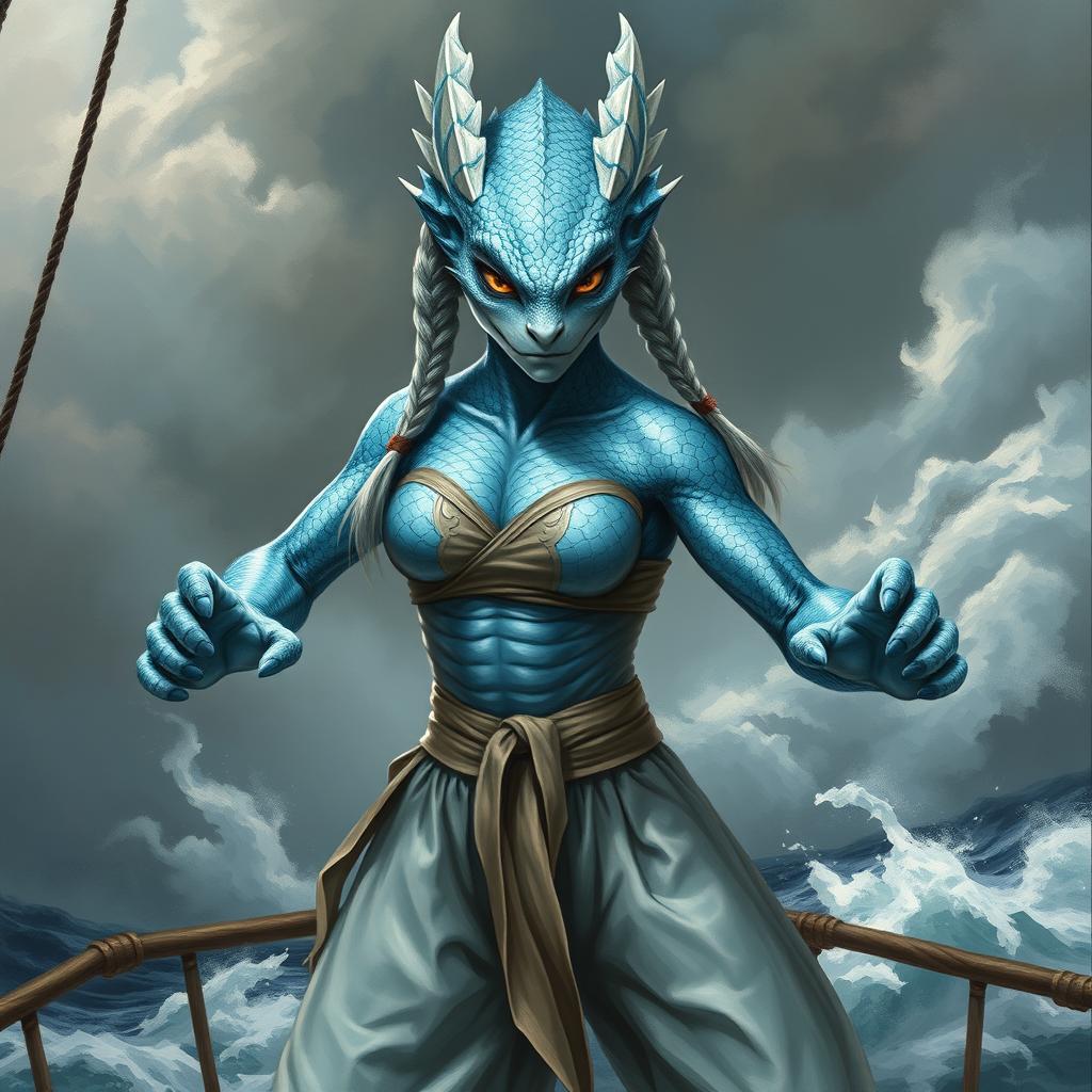 A realistic painted depiction of a female humanoid dragon with silvery blue scales, exuding an aura of mystique and power