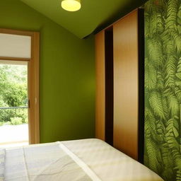 A modern bedroom with a green designer wall, a double bed adorned with a hanging bed net, a study table attached to the wall, a window overlooking lush greenery, bathed in warm yellow light, and a wooden sliding wardrobe