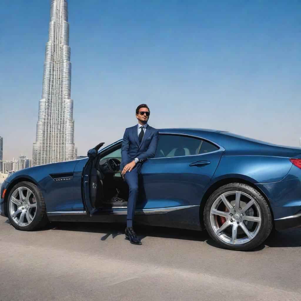 A stylish man is sitting in a sleek, luxury car parked next to the soaring Burj Khalifa under a clear blue sky.