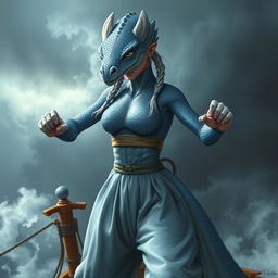 A realistic depiction of a female humanoid dragon with silvery blue scales, embodying a mystical and powerful presence