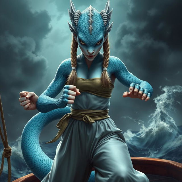 A realistic depiction of a female humanoid dragon with silvery blue scales, embodying a mystical and powerful presence