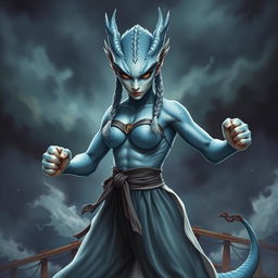 A realistic depiction of a female humanoid dragon with silvery blue scales, embodying a mystical and powerful presence