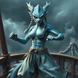 A realistic depiction of a female humanoid dragon with silvery blue scales, embodying a mystical and powerful presence