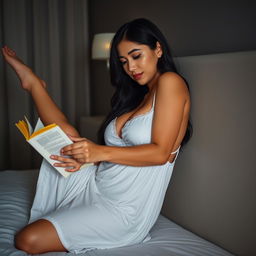 38-year-old Indonesian woman with a curvy body, plump breasts, and sexy lips, wearing a sexy and smooth white nightgown