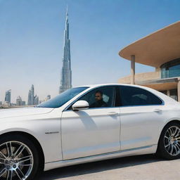 A stylish man is sitting in a sleek, luxury car parked next to the soaring Burj Khalifa under a clear blue sky.