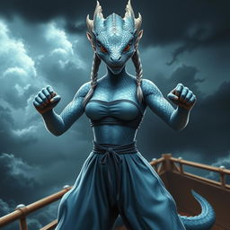 A realistic portrayal of a female humanoid dragon with silvery blue scales, exuding an aura of mystique and power