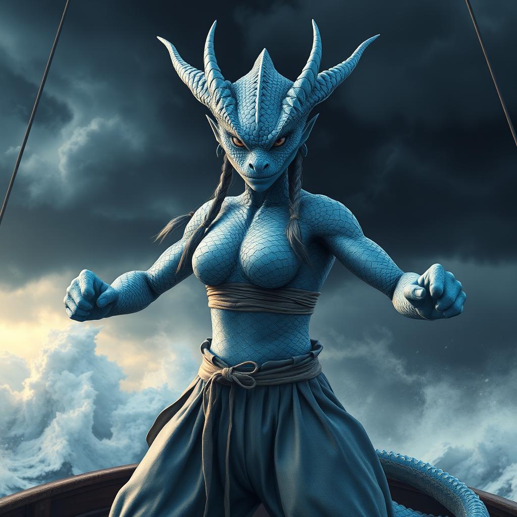 A realistic portrayal of a female humanoid dragon with silvery blue scales, exuding an aura of mystique and power